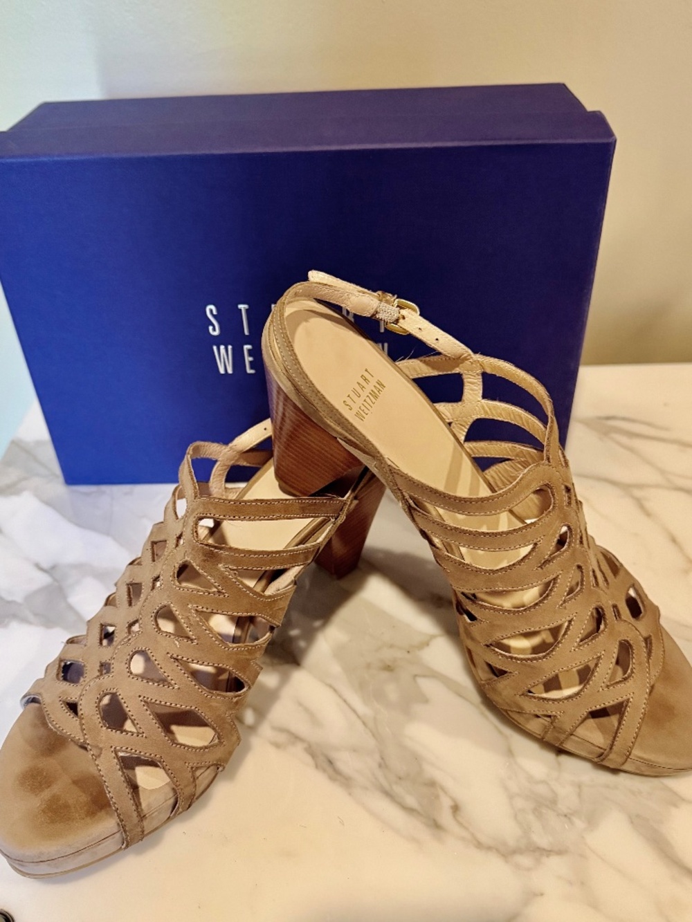 Stuart Weitzman caged/strappy tan suede sandals, size 8